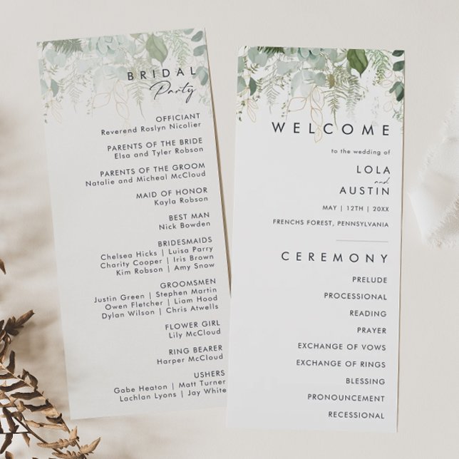 Greenery and Gold Leaf Wedding Program Programme (Creator Uploaded)