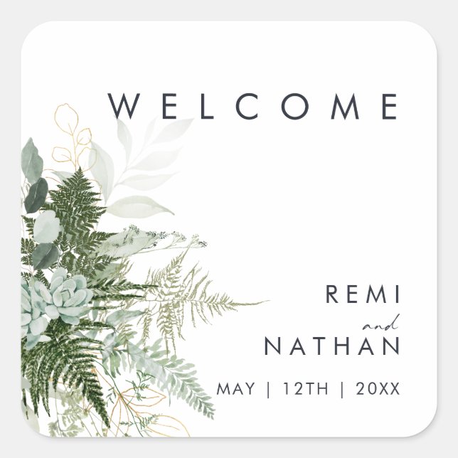 Greenery and Gold Leaf Wedding Welcome Sticker  (Front)