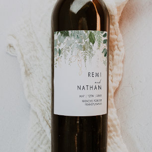 Greenery and Gold Leaf Wedding Wine Label
