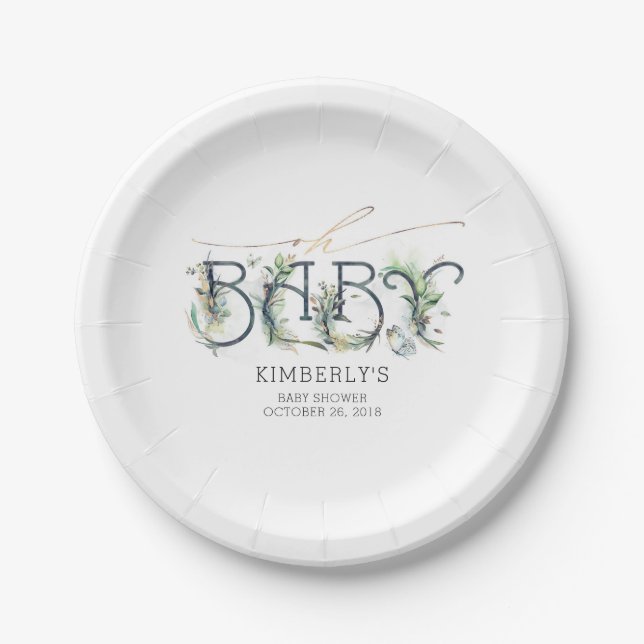 Greenery and Gold Leaves Baby Shower Paper Plate (Front)