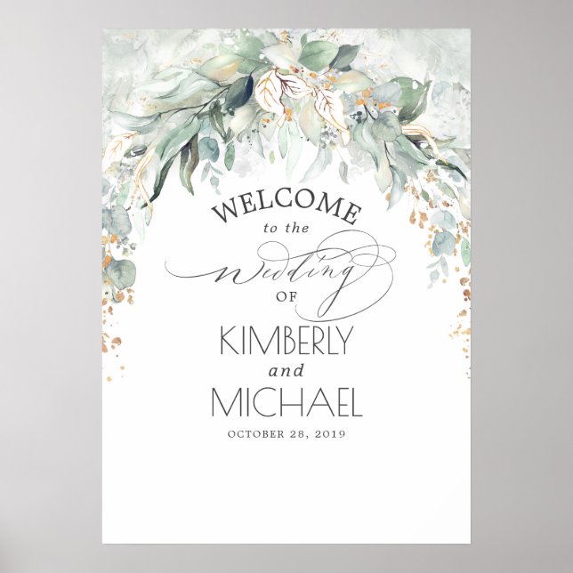 Greenery and Gold Leaves Dreamy Wedding Welcome Poster (Front)