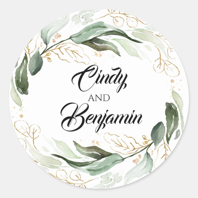 Greenery and Gold Leaves Eucalyptus Wedding Classic Round Sticker (Front)