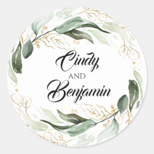 Greenery and Gold Leaves Eucalyptus Wedding Classic Round Sticker