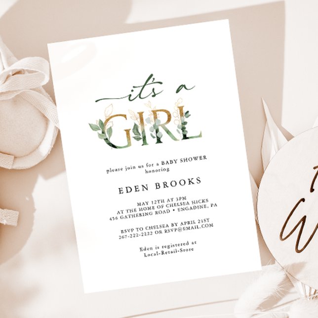 Greenery and Gold Lettering Its A Girl Baby Shower Invitation (Creator Uploaded)