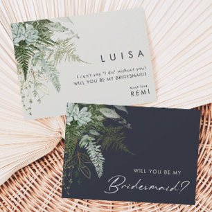 Greenery and Gold   Navy Bridesmaid Proposal Card