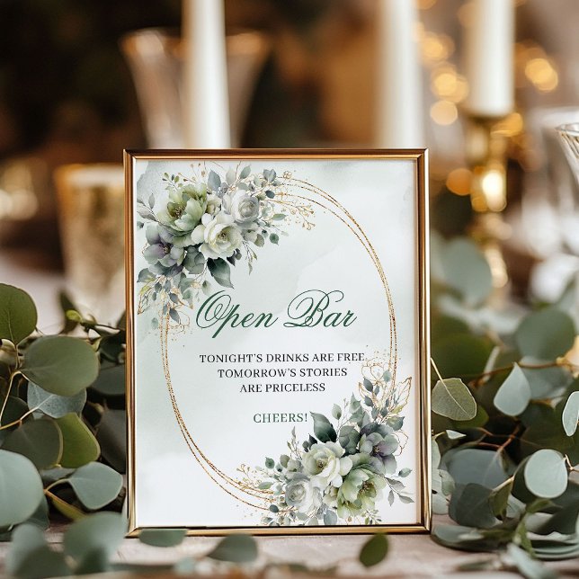 Greenery and Gold Open Bar Tabletop Sign Boho (Greenery and Gold Open Bar Tabletop Sign Boho)