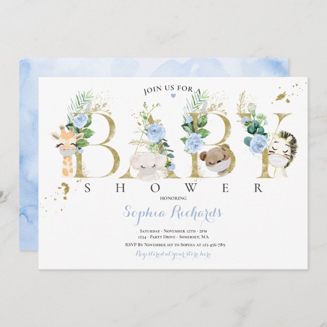 Greenery And Gold Safari Animals Baby Shower Invitation (Front/Back)