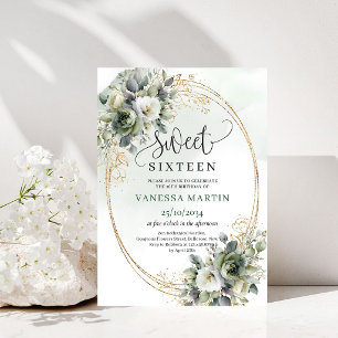 Greenery And Gold Sweet Sixteen Dusty Green Invite