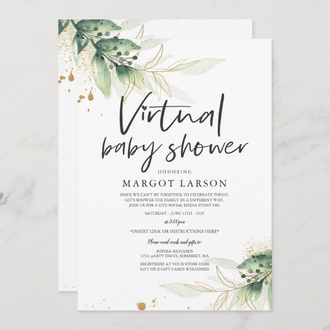 Greenery And Gold Virtual Baby Shower Invitation (Front/Back)