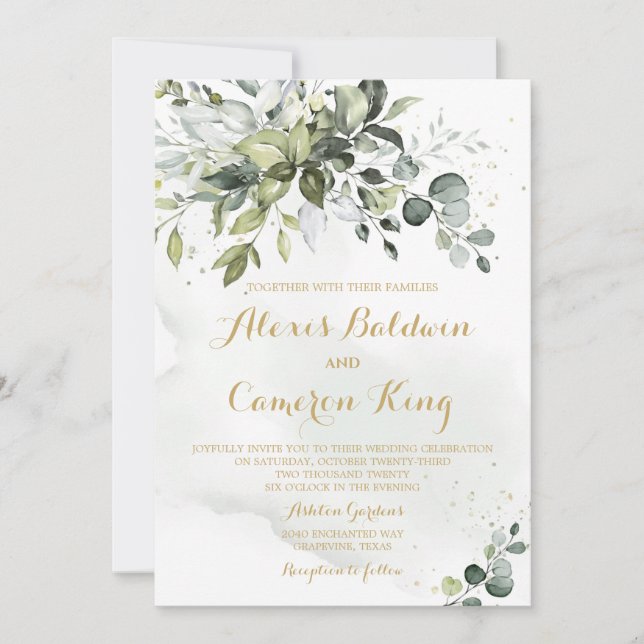 Greenery and Gold Watercolor Wedding Invitation (Front)