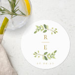 Greenery and Gold Wedding Monogram<br><div class="desc">Custom-designed wedding coaster featuring watercolor greenery wedding monogram design.</div>