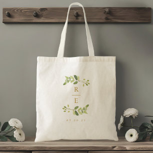 Greenery and Gold Wedding Monogram Tote Bag