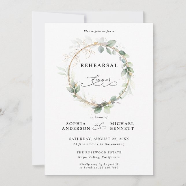 Greenery and Gold Wedding Rehearsal Dinner Invitation (Front)