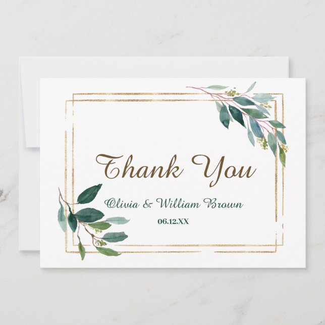 Greenery and Gold Wedding Thank You Card (Front)