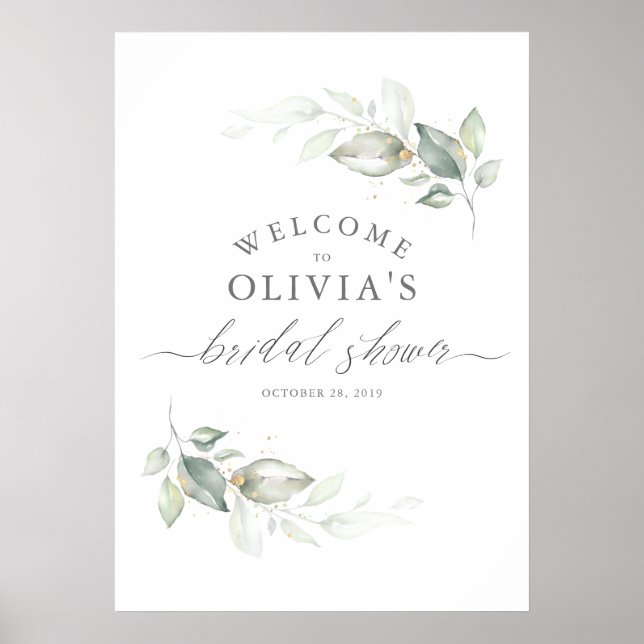 Greenery and Gold Wreath Elegant Bridal Shower Poster (Front)