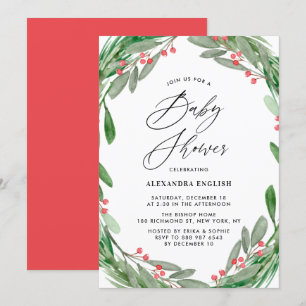 Greenery and Holly Wreath Winter Baby Shower Invitation