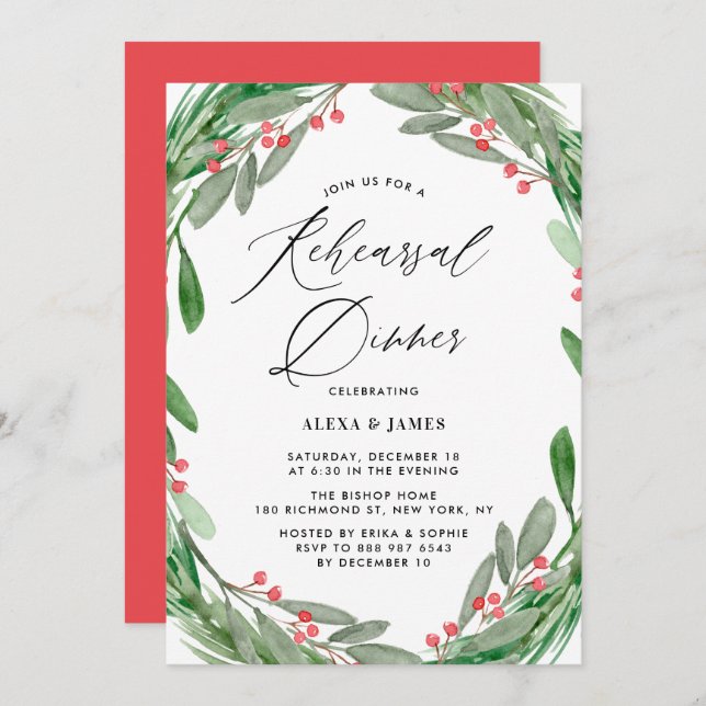 Greenery and Holly Wreath Winter Rehearsal Dinner Invitation (Front/Back)
