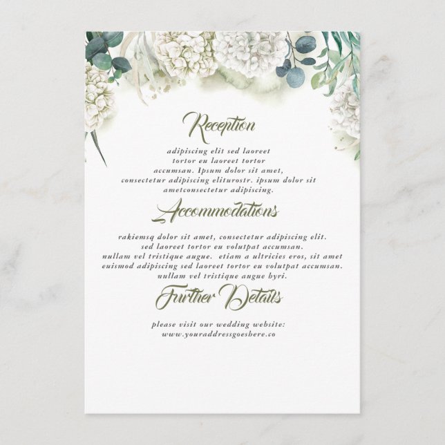 Greenery and Hydrangea Wedding Information Guest Enclosure Card (Front)