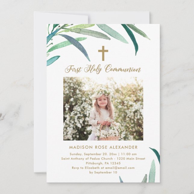 Greenery and Photo First Holy Communion Invitation (Front)