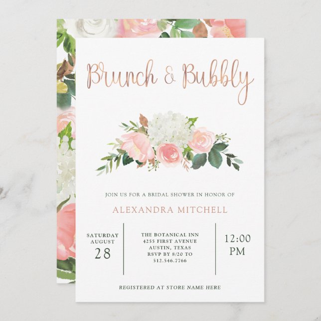 Greenery and Pink Floral | Brunch & Bubbly Invitation (Front/Back)