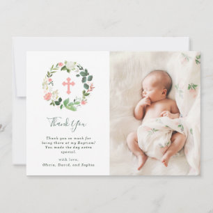 Greenery and Pink Floral Watercolor Baptism Photo Thank You Card