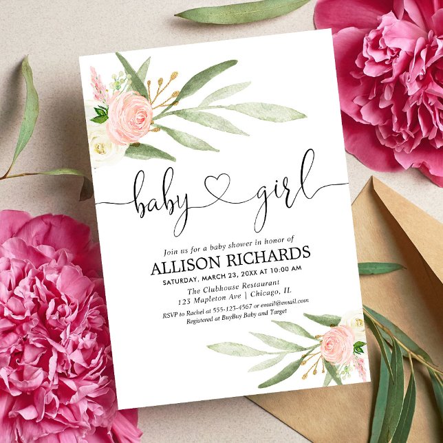 Greenery and pink gold floral girl baby shower invitation (Creator Uploaded)