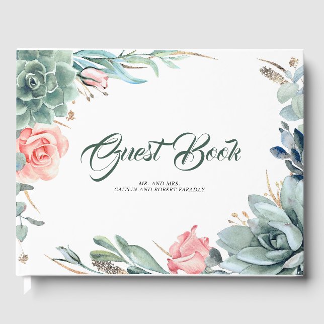 Greenery and Pink Rose Botanical Wedding Guest Book (Front)