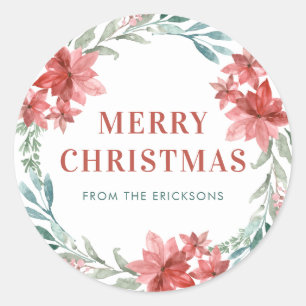 Greenery and Poinsettia Wreath Christmas Classic Round Sticker
