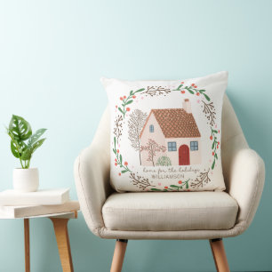 Greenery and Red Berries Home for the Holidays  Cushion