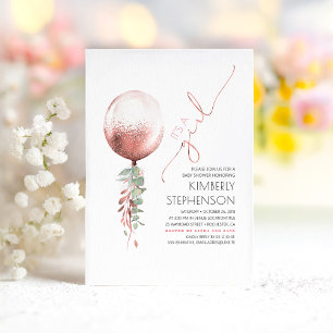 Greenery and Rose Gold Glitter Balloon Baby Shower Invitation