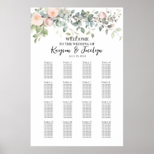 Greenery and roses wedding seating chart 16 tables