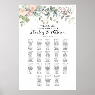 Greenery and roses wedding seating chart 18 tables