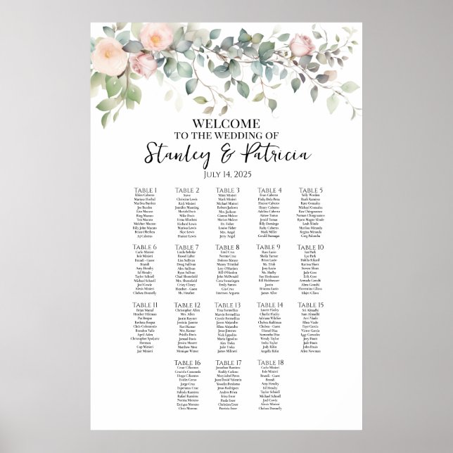 Greenery and roses wedding seating chart 18 tables (Front)