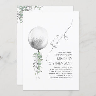 Greenery and Silver Glitter Balloon Baby Shower Invitation