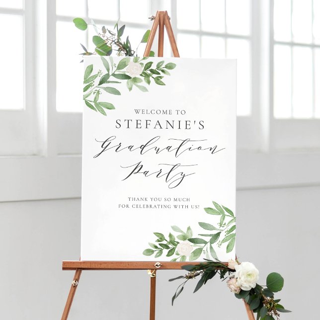 Greenery and White Flower Graduation Party Welcome Poster (Creator Uploaded)