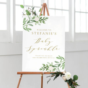 Greenery and White Flowers Baby Sprinkle Welcome Poster