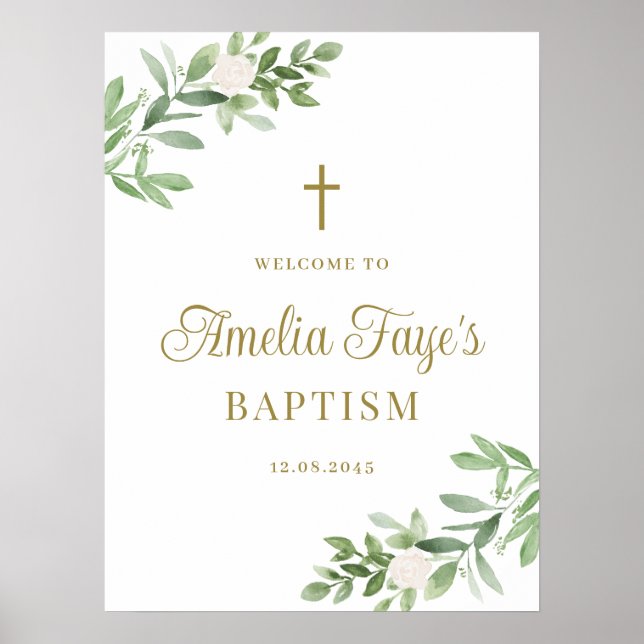 Greenery and White Flowers Baptism Welcome  Poster (Front)