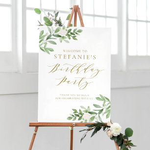 Greenery and White Flowers Birthday Party Welcome Poster