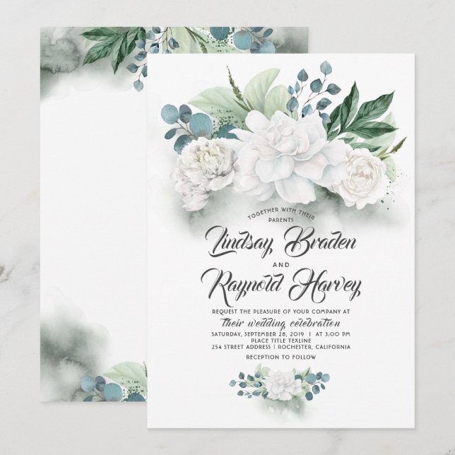 Greenery and White Flowers Elegant Peony Wedding Invitation (Front/Back)