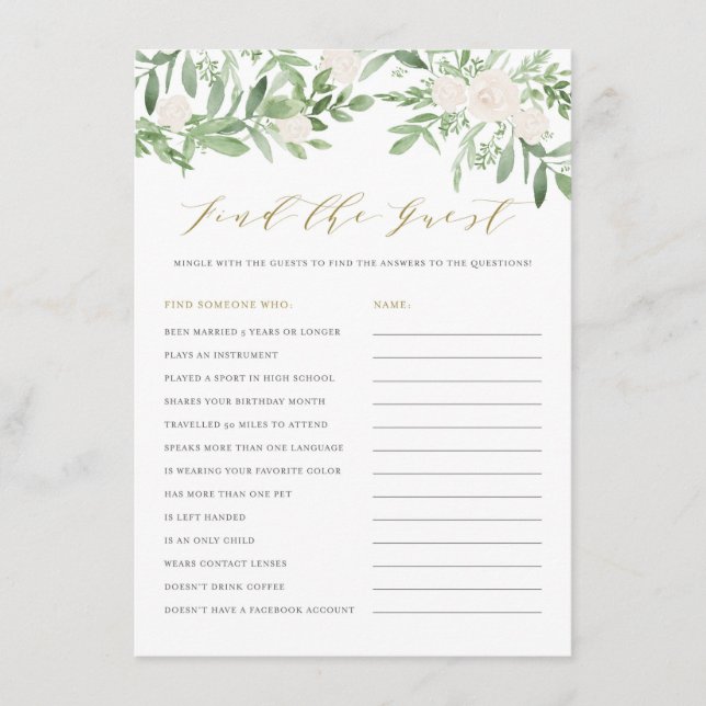 Greenery and White Flowers Find the Guest Game Enclosure Card (Front)