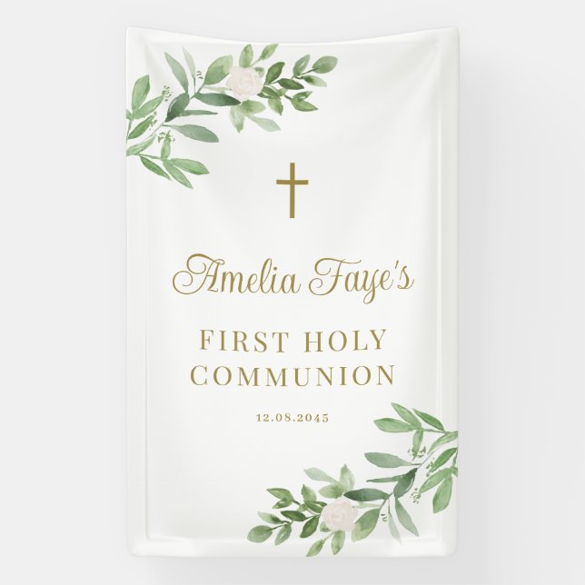 Greenery and White Flowers First Holy Communion Banner (Vertical)
