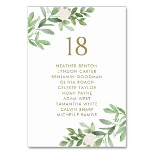 Greenery and White Flowers Gold Wedding Seating Table Number