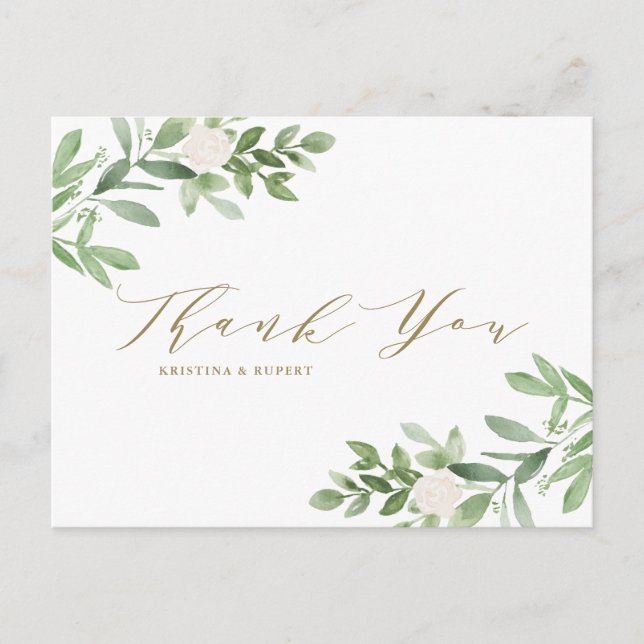 Greenery and White Flowers Gold Wedding Thank You Postcard (Front)