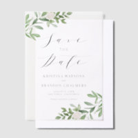 Greenery and White Flowers Grey Save the Date