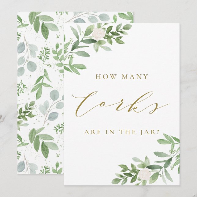 Greenery and White Flowers How Many Corks Sign Invitation (Front/Back)
