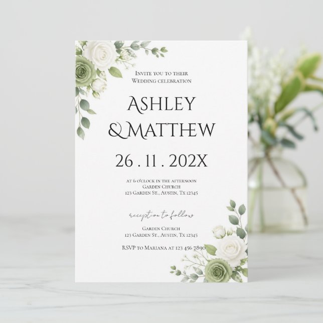 Greenery and white flowers Wedding Invitation (Standing Front)