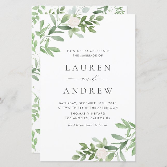 Greenery and White Flowers Wedding Invitation (Front/Back)