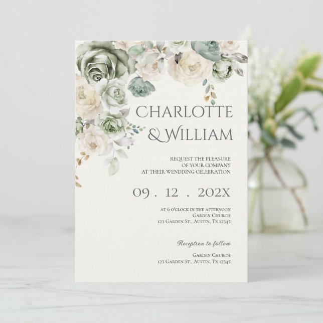 Greenery and white flowers Wedding Invitation (Standing Front)