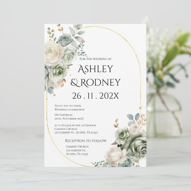 Greenery and white flowers Wedding Invitation (Standing Front)
