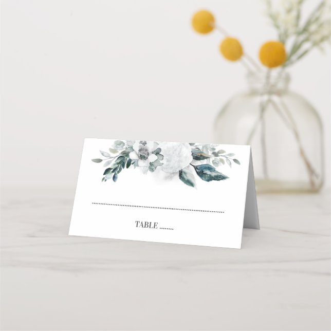 Greenery and White Flowers Wedding Place Card (Front)